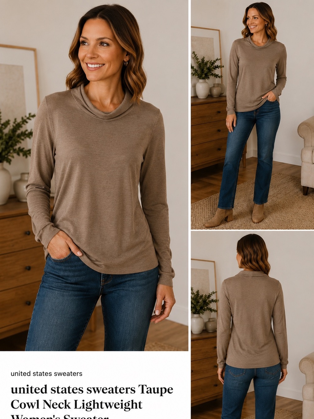 united states sweaters Taupe Cowl Neck Lightweight Women's Sweater